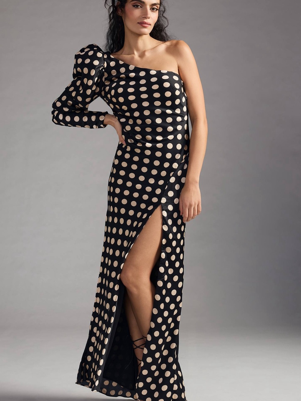 Mac Duggal Black Maxi Dress with Cream Polka Dots